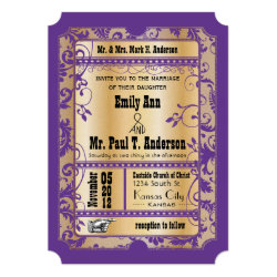 Purple Gold Rustic Vintage Ticket Wedding 5x7 Paper Invitation Card