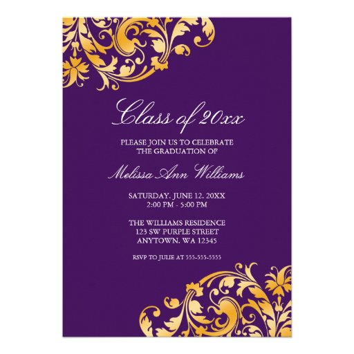 Purple Gold Swirl Graduation Party Announcement (front side)