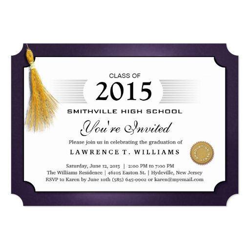 Purple & Gold Tassel Diploma Graduation Invitation (front side)