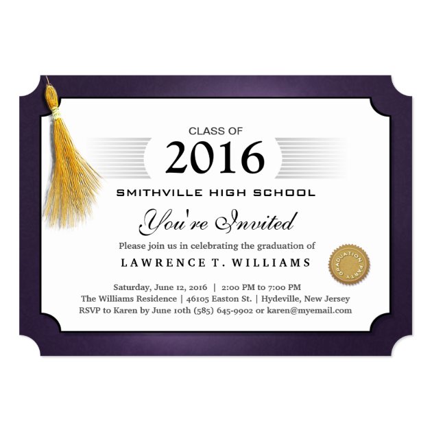 Purple & Gold Tassel Diploma Graduation Invitation (front side)