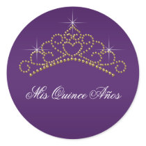 Purple Gold Tiara Sweet 15 16 Quinceana Label Round Sticker
