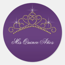 Purple Gold Tiara Sweet 15 16 Quinceana Label Round Sticker