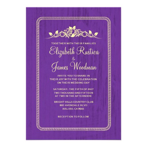 Purple Gold Vintage Barn Wood Wedding Invitations