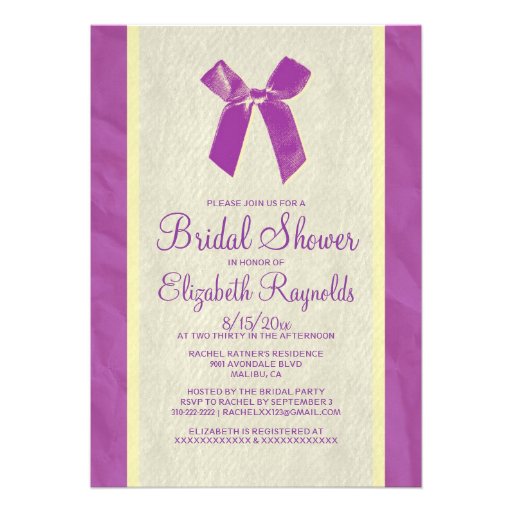 Purple Gold Vintage Bow Linen Bridal Shower Invite
