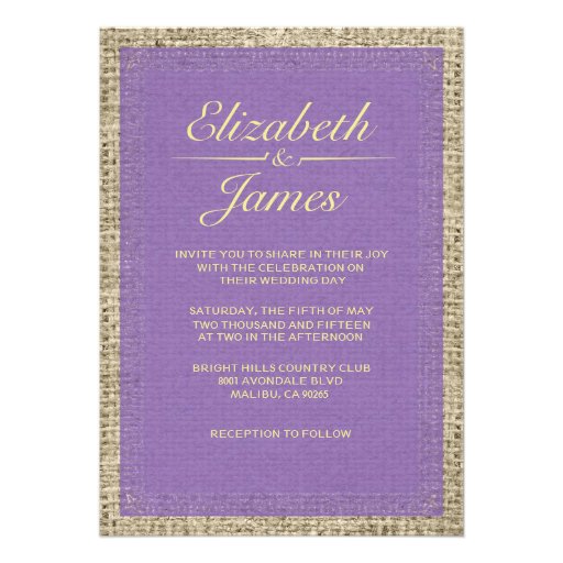 Purple & Gold Vintage Burlap Wedding Invitations