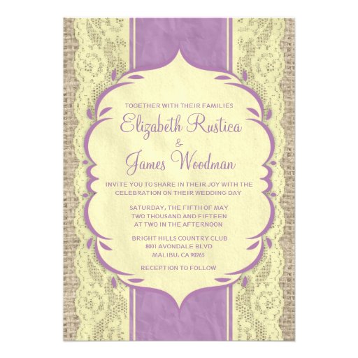 Purple Gold Vintage Linen Lace Wedding Invitations