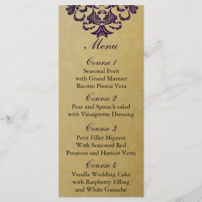 purple  gold Wedding menu Custom Rack Cards