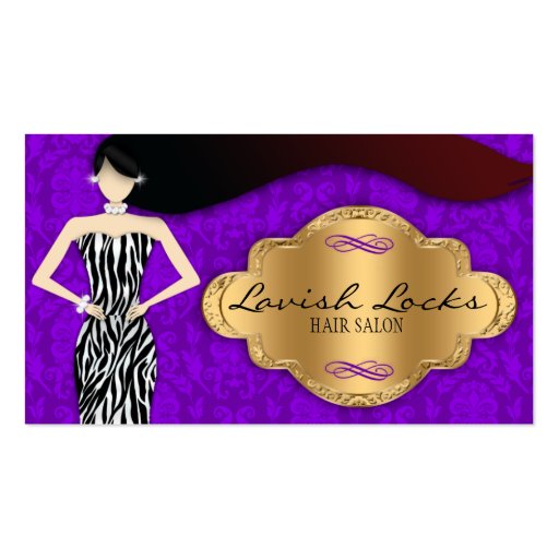 Purple Gold Zebra Damask Hair Stylist Salon Business Card Templates (front side)