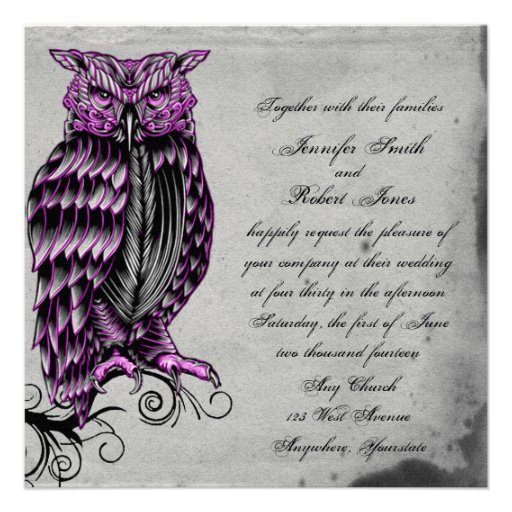 Purple Gothic Owl Posh Wedding Invitation