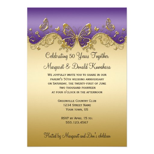 Purple Gradient Gold Butterflies 50th Anniversary Personalized Announcement
