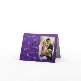 Purple Grey Butterfly Floral Photo Thank You Card