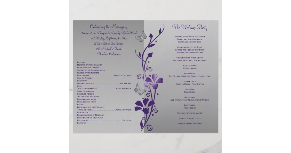 Purple Gray Butterfly Floral Wedding Program Zazzle
