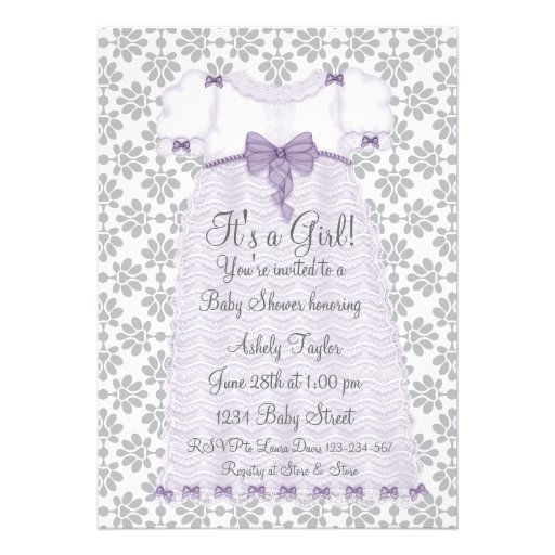 Purple Gray Damask Baby Girl Shower Custom Announcement