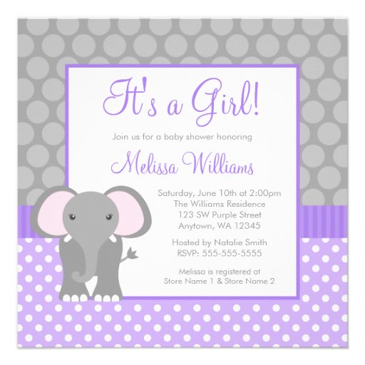 Purple Gray Elephant Polka Dot Girl Baby Shower Personalized Announcements (front side)