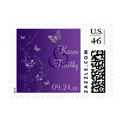 Purple, Gray Floral, Butterflies Wedding Postage