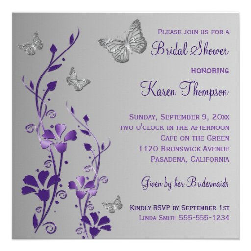 Purple Gray Floral Butterfly Bridal Shower Invite