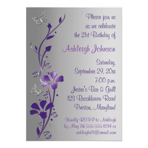 Purple, Gray Flowers & Butterflies 21st Invitation