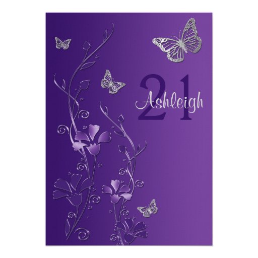 Purple, Gray Flowers & Butterflies 21st Invitation (front side)