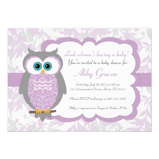 Purple, Gray, Owl Baby Shower Invitations - 730 (front side)