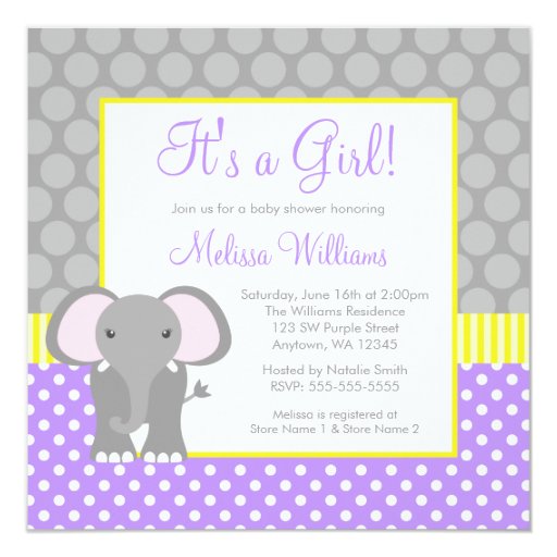 Purple Gray Yellow Elephant Girl Baby Shower Custom Invite