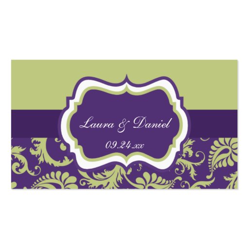 Purple, Green, and White Damask Wedding Favor Tag Business Cards