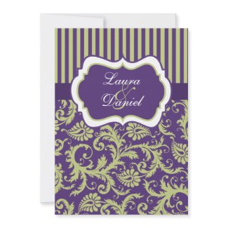 Purple, Green, and White Damask Wedding Invitation invitation