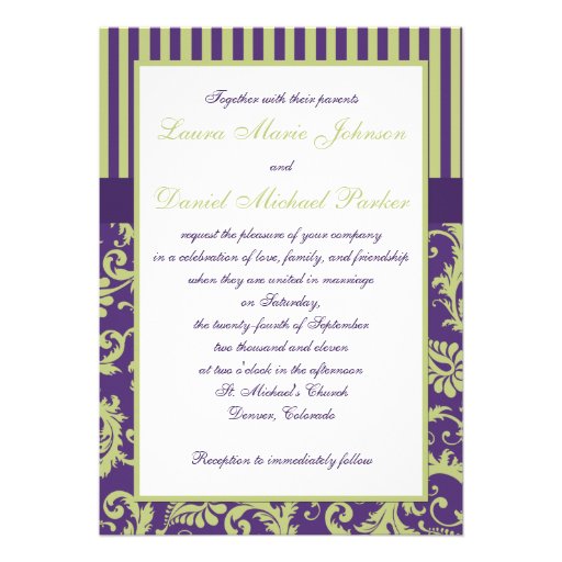 Purple, Green, and White Damask Wedding Invitation