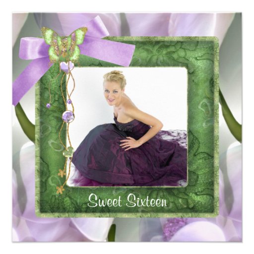 Purple Green Butterfly Photo Sweet 16 Party Invitation