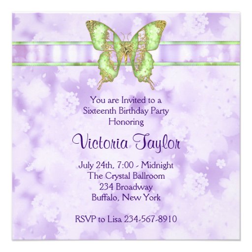 Purple Green Butterfly Photo Sweet 16 Party Invitation