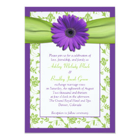 Purple Green Daisy Damask Wedding Invitation