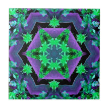 Purple Green Hexagon Kaleidoscope Mandala Ceramic Tile