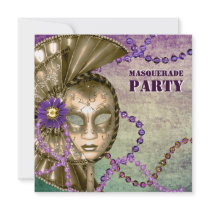 Purple Green Mardi Gras Beads Mask Masquerade Part Invitation