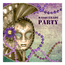 Purple Green Mardi Gras Beads Masquerade Party Invitation