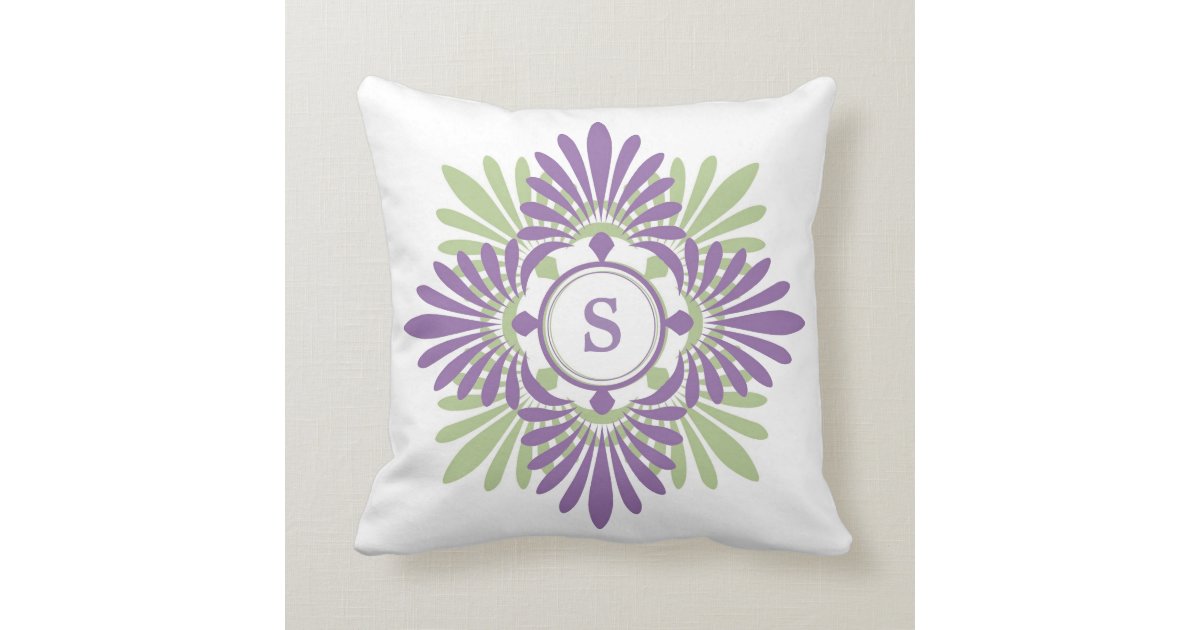 Purple Green Modern Floral Pattern Monogrammed Throw Pillow Zazzle