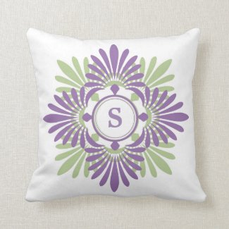 Purple Green Modern Floral Pattern Monogrammed Throw Pillow