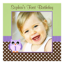 Purple Green Owl Polka Dot 1st Birthday Girl Photo Invites