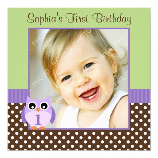 Purple Green Owl Polka Dot 1st Birthday Girl Photo Invites