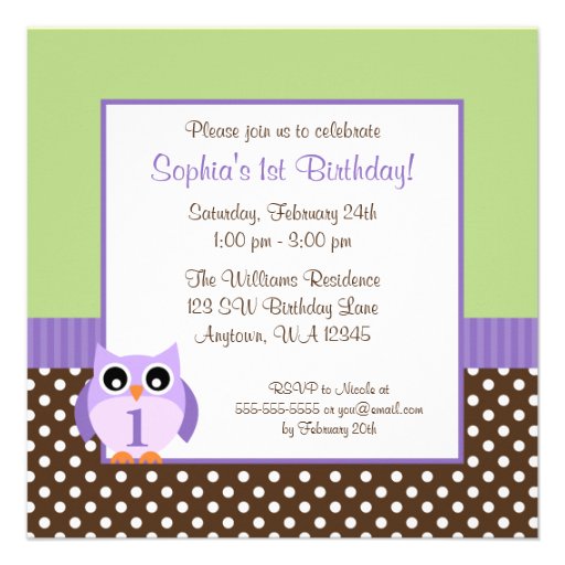 Purple Green Owl Polka Dot 1st Birthday Girl Photo Invites