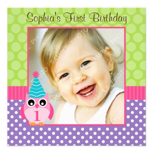 Purple Green Owl Polka Dot 1st Birthday Girl Photo Custom Announcement (front side)