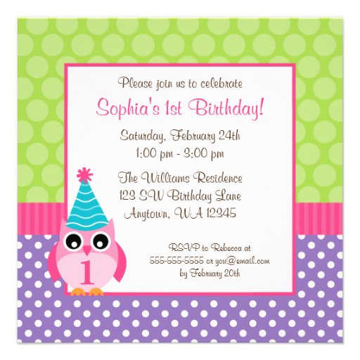 Purple Green Owl Polka Dot 1st Birthday Girl Photo Custom Announcement