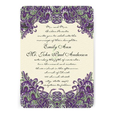 Purple & Green Peacock Ivory Wedding Invitations