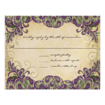 Purple & Green Peacock Wedding RSVP Personalized Invites