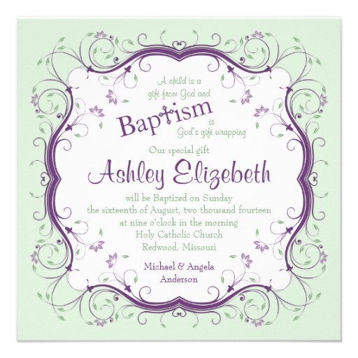 Purple Green Scroll Floral Baptism Invitation
