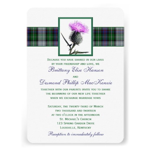 Purple Green Tartan Thistle Wedding Invitation