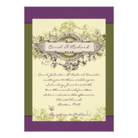 Green Purple Green vintage floral butterfly wedding Invite