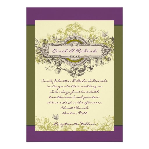 Purple Green Vintage Floral Wedding Invitation