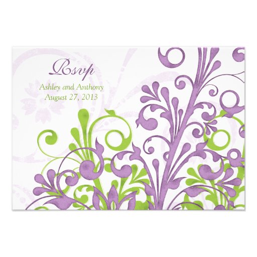 Purple Green White Abstract Floral Wedding rsvp Custom Invites