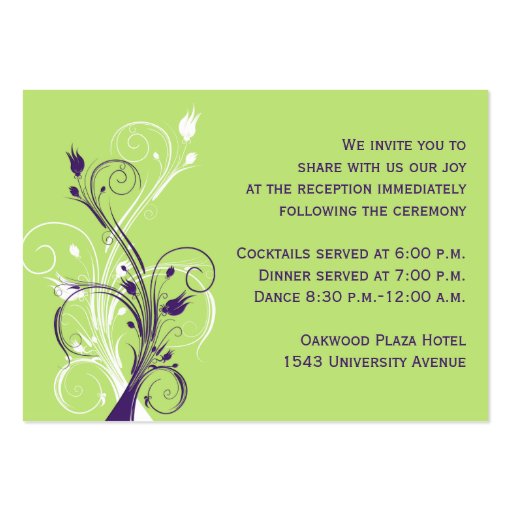 Purple Green White Floral Reception Enclosure Card Business Cards (back side)