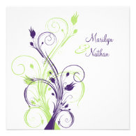 Purple Green White Floral Sq. Wedding Invitation