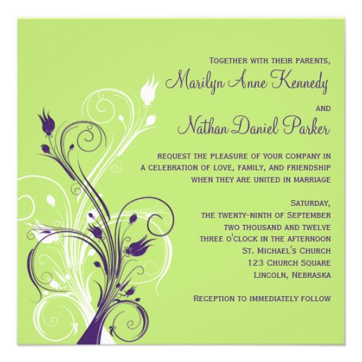 Purple Green White Floral Sq. Wedding Invitation